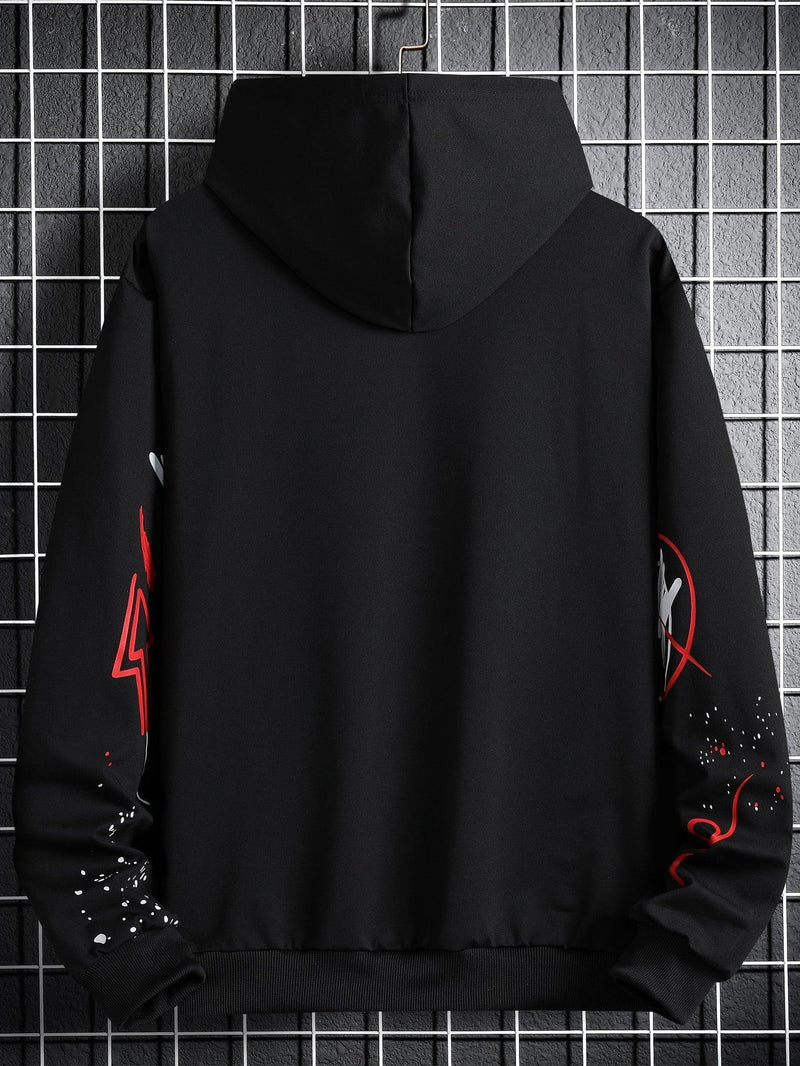 Trendy Tron LEGND Loose Fit Men's Letter & Cartoon Graphical Pattern Hoodie With Kangaroo Pocket And Drawstring