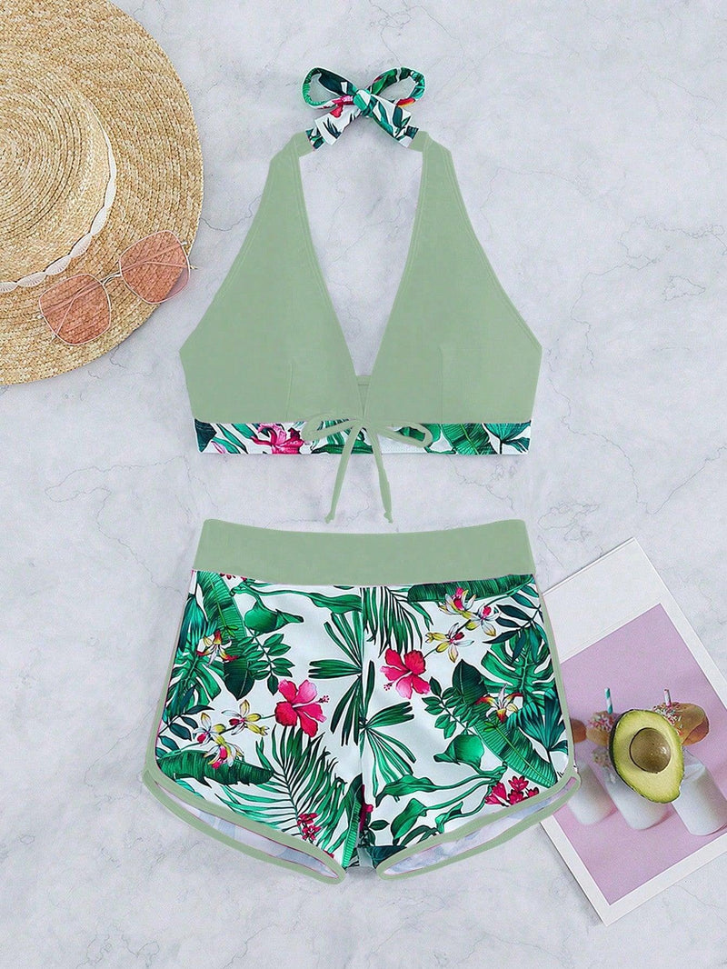 Trendy Tron Swim Summer Beach Tropical Print Halter Shorts Bikini Set