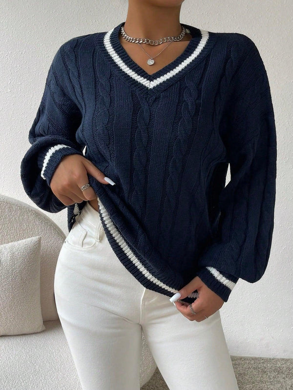 Trendy Tron Striped Trim Cable Knit Drop Shoulder Sweater