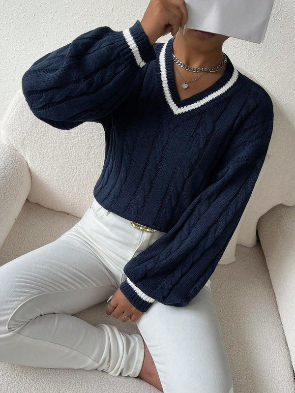 Trendy Tron Striped Trim Cable Knit Drop Shoulder Sweater