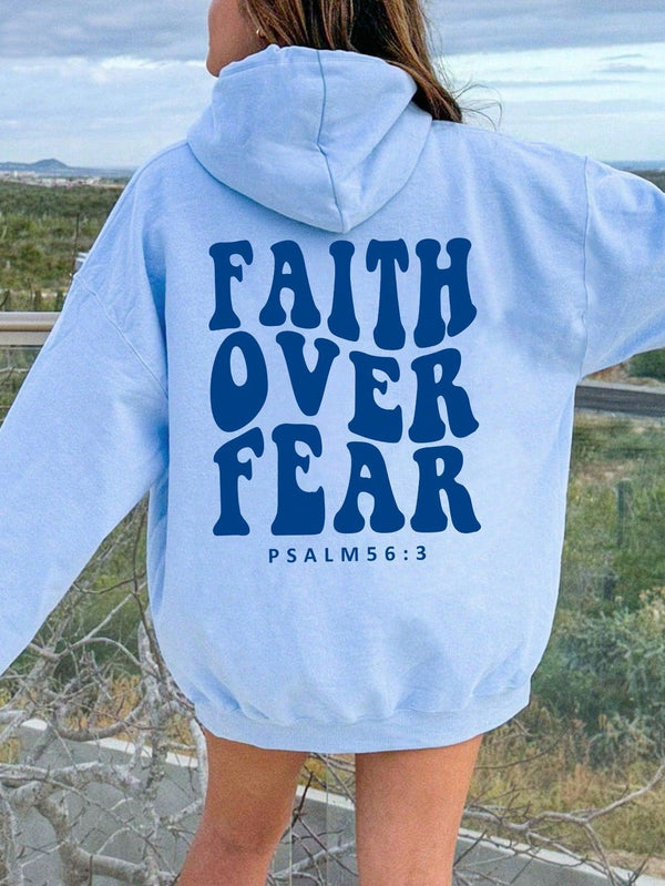 Trendy Tron Women's Hooded Sweatshirt With Slogan Print And Kangaroo Pocket FAITH OVER FEAR PSALM 563