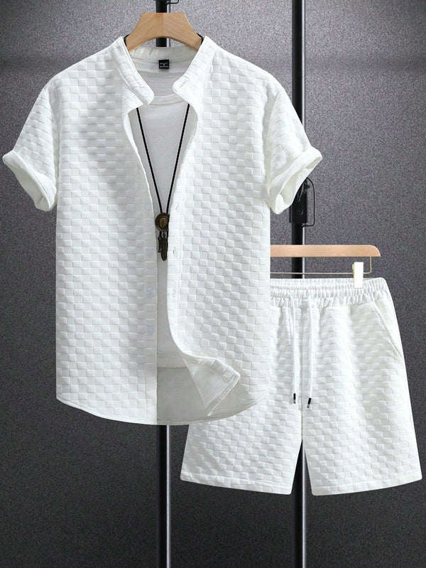 Trendy Tron Homme Men’s Solid Color Textured Short Sleeve Shirt and Shorts Set – Casual Basic Outfit for Spring and Summer, Perfect for Going Out