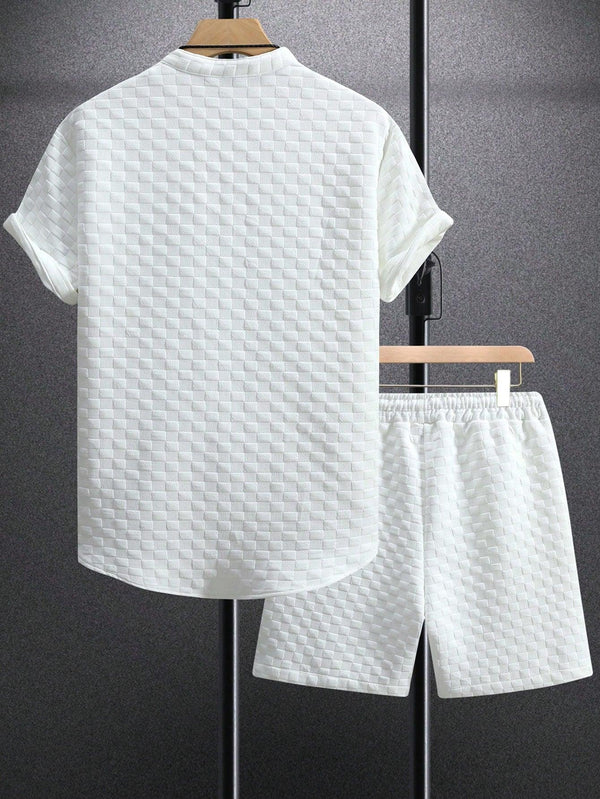 Trendy Tron Homme Men’s Solid Color Textured Short Sleeve Shirt and Shorts Set – Casual Basic Outfit for Spring and Summer, Perfect for Going Out