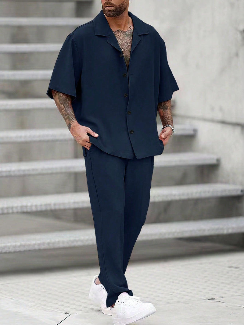 Trendy Tron Homme Loose-Fit Men’s Solid Color Turn-Down Collar Shirt and Pants Set – Comfortable and Stylish Casual Outfit