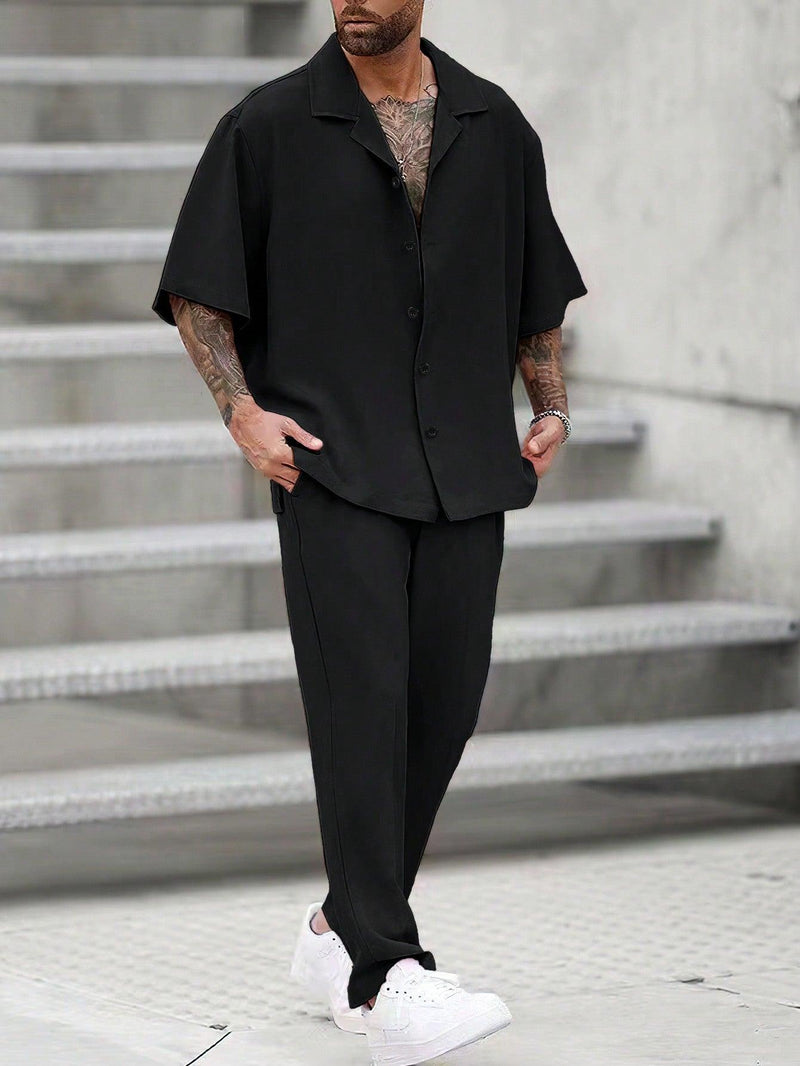 Trendy Tron Homme Loose-Fit Men’s Solid Color Turn-Down Collar Shirt and Pants Set – Comfortable and Stylish Casual Outfit