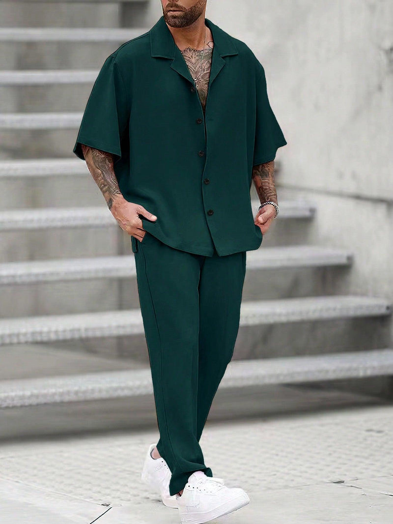 Trendy Tron Homme Loose-Fit Men’s Solid Color Turn-Down Collar Shirt and Pants Set – Comfortable and Stylish Casual Outfit