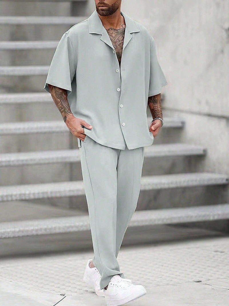 Trendy Tron Homme Loose-Fit Men’s Solid Color Turn-Down Collar Shirt and Pants Set – Comfortable and Stylish Casual Outfit
