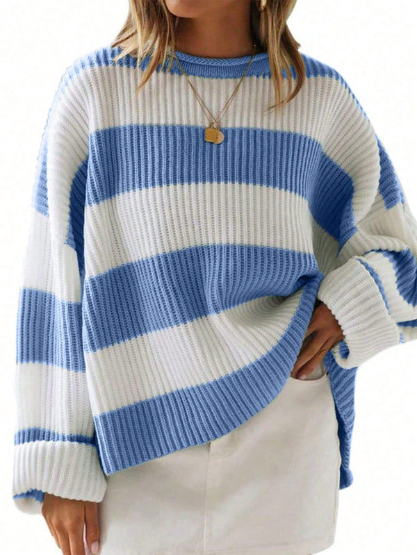 Trendy Tron Plus Size Women's Autumn/Winter Striped Batwing Sleeve Loose Casual Sweater Pullover