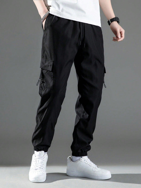 Trendy Tron Men's Loose-Fit Black Cargo Pants, Summer Style With Cuffed Hem, Stylish And Versatile Sports Trousers For Teenagers