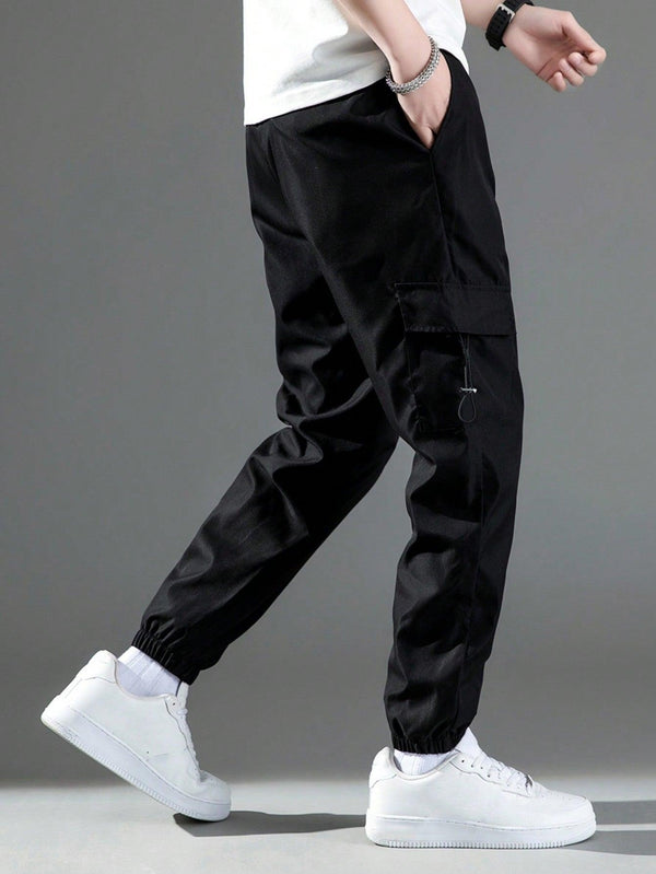 Trendy Tron Men's Loose-Fit Black Cargo Pants, Summer Style With Cuffed Hem, Stylish And Versatile Sports Trousers For Teenagers