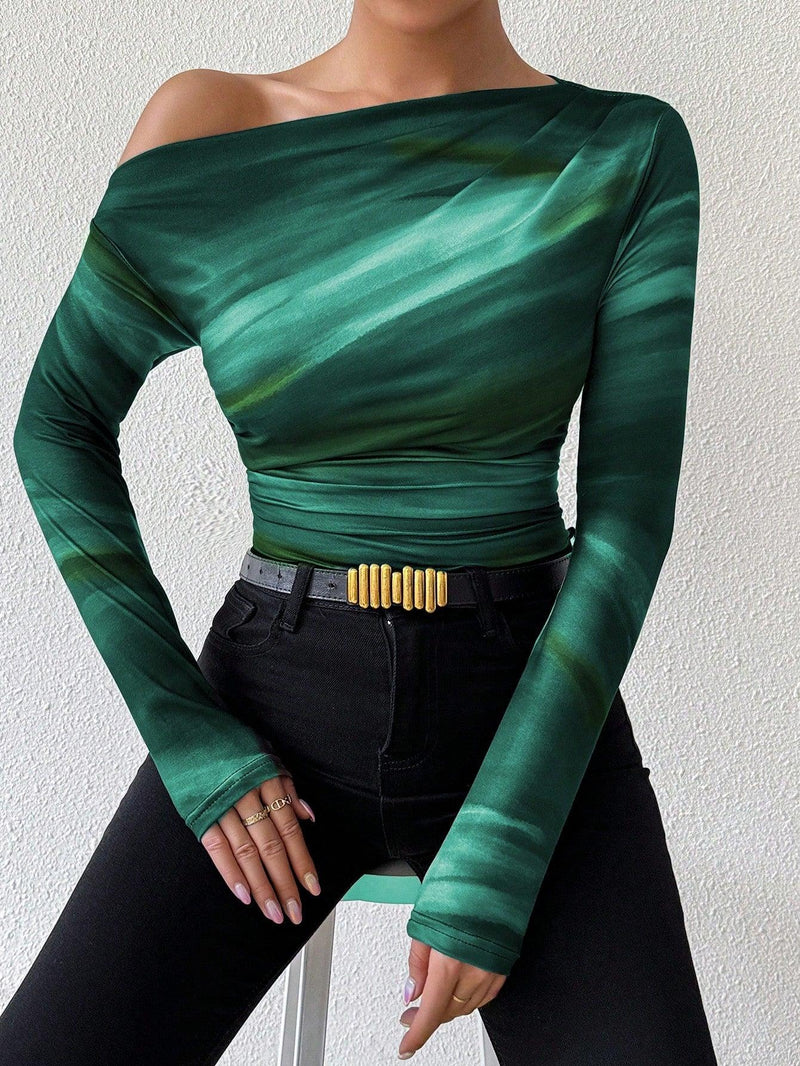 Trendy Tron Raffinéa Women’s Marble Gradient Print Asymmetrical Neck Long Sleeve T-Shirt with Pleats – Elegant and Stylish Casual Top