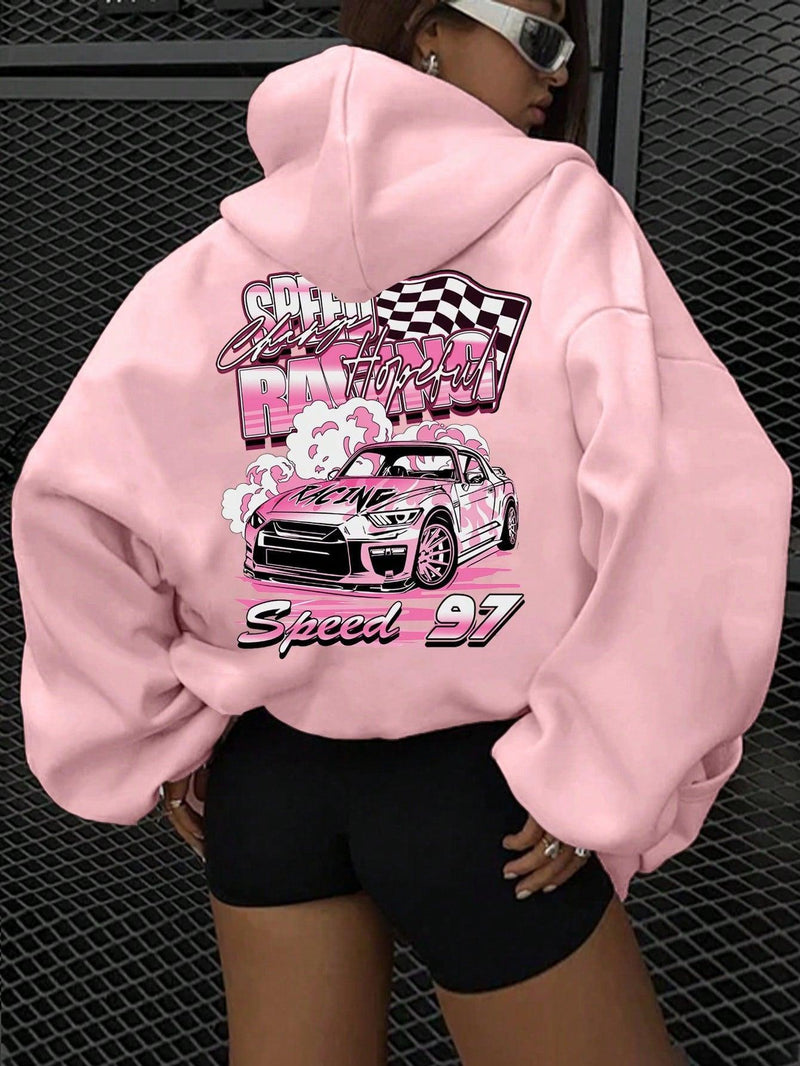 Trendy Tron Casual Loose Fit Pullover Hoodie For Women, Pink With Car Racing Graphic Print