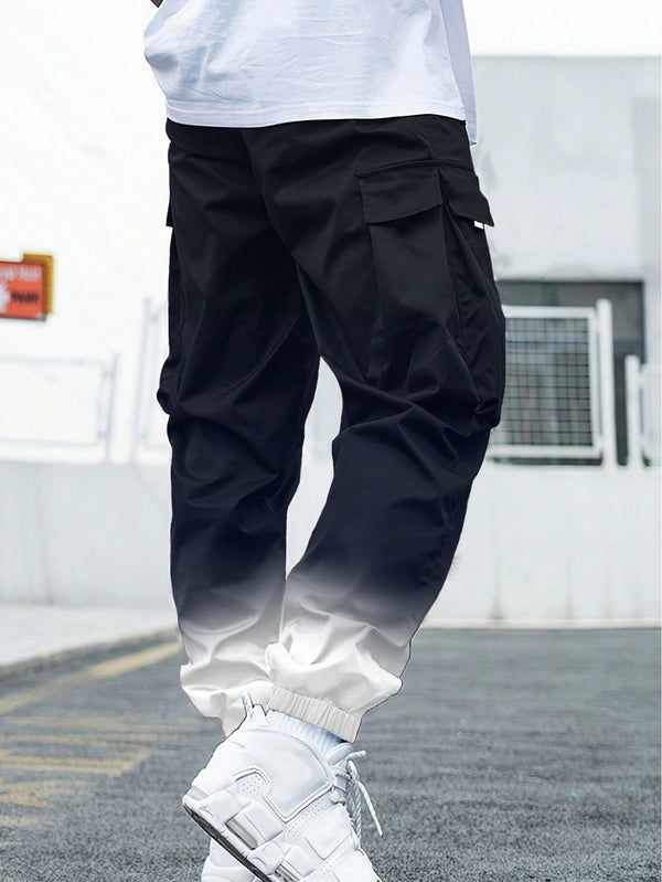 Trendy Tron Men's Autumn Gradient Multi-Pocket Cargo Pants, Streetwear Hiphop Style Casual Tapered 3/4 Trousers