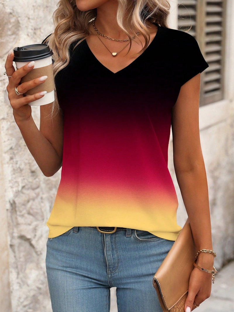 Trendy Tron Women’s Gradient V-Neck Short Sleeve T-Shirt – Lightweight and Stylish Summer Top for Casual Outings and Everyday Wear