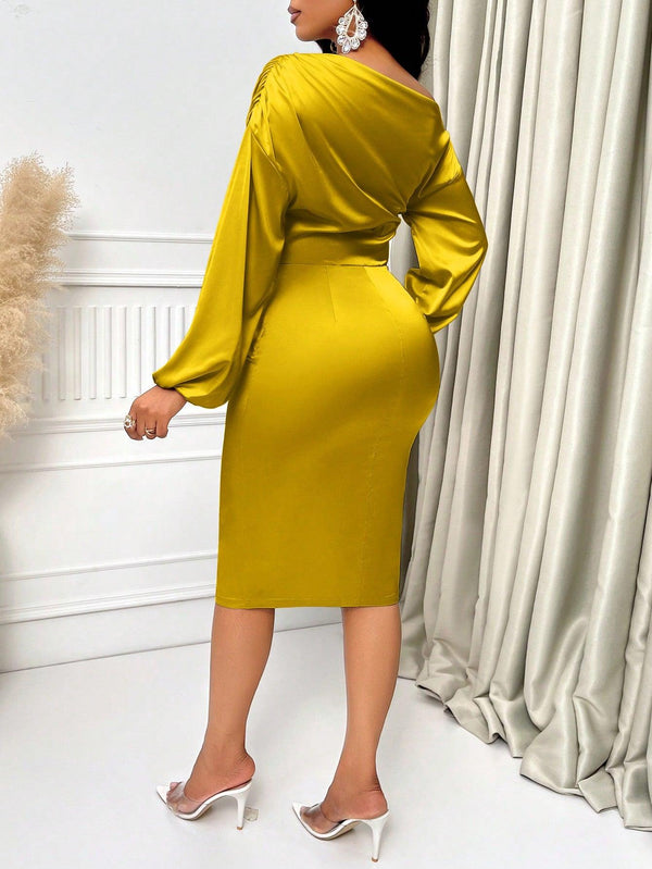 Trendy Tron Asymmetric Neckline  Ruched Side Satin Bodycon Dress