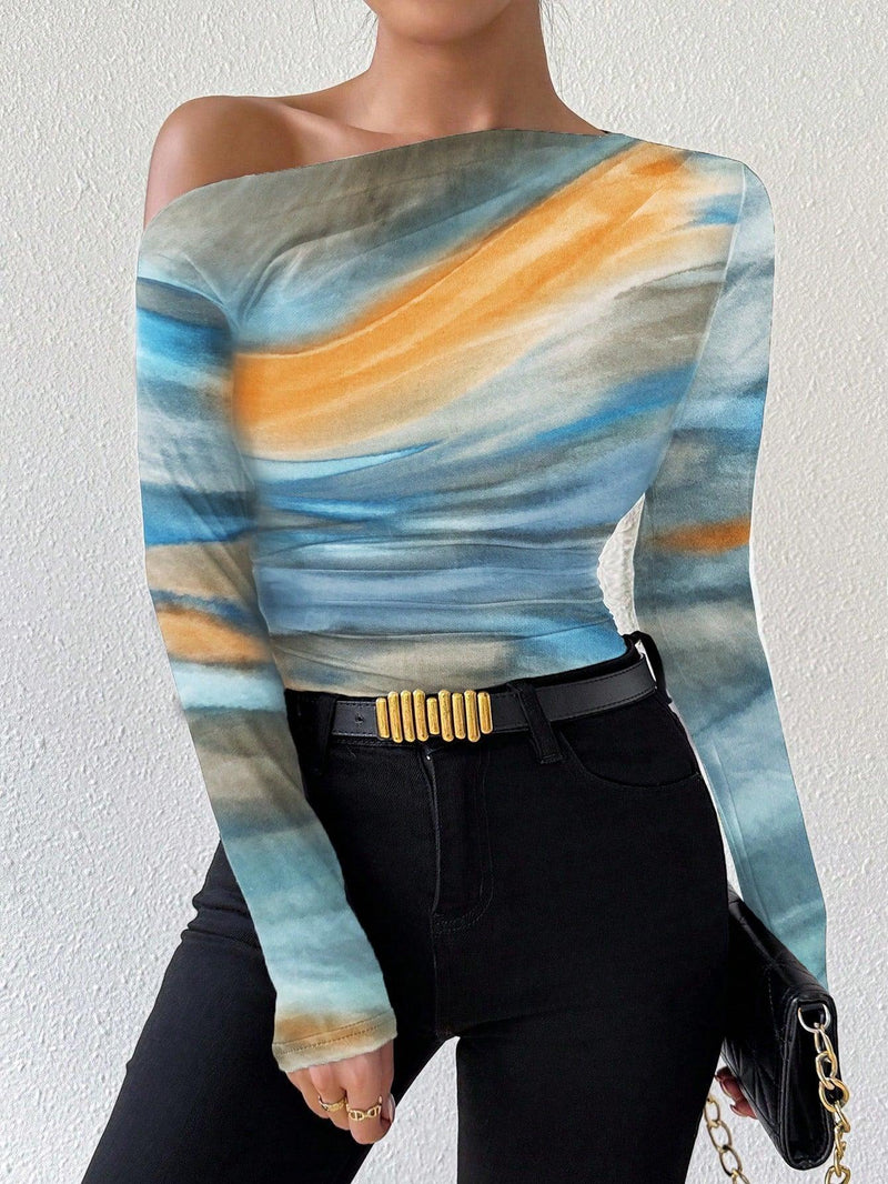 Trendy Tron Raffinéa Women’s Marble Gradient Print Asymmetrical Neck Long Sleeve T-Shirt with Pleats – Elegant and Stylish Casual Top