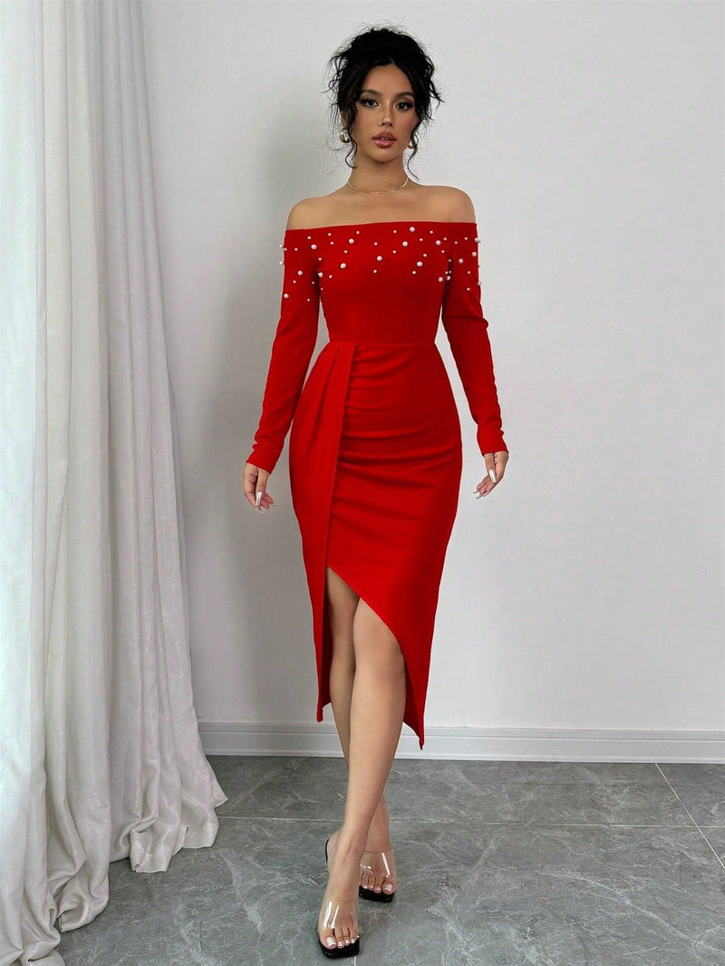 Trendy Tron Women's Open Shoulder Long Sleeve Ruched High Slit Pearl Design Bodycon Dress