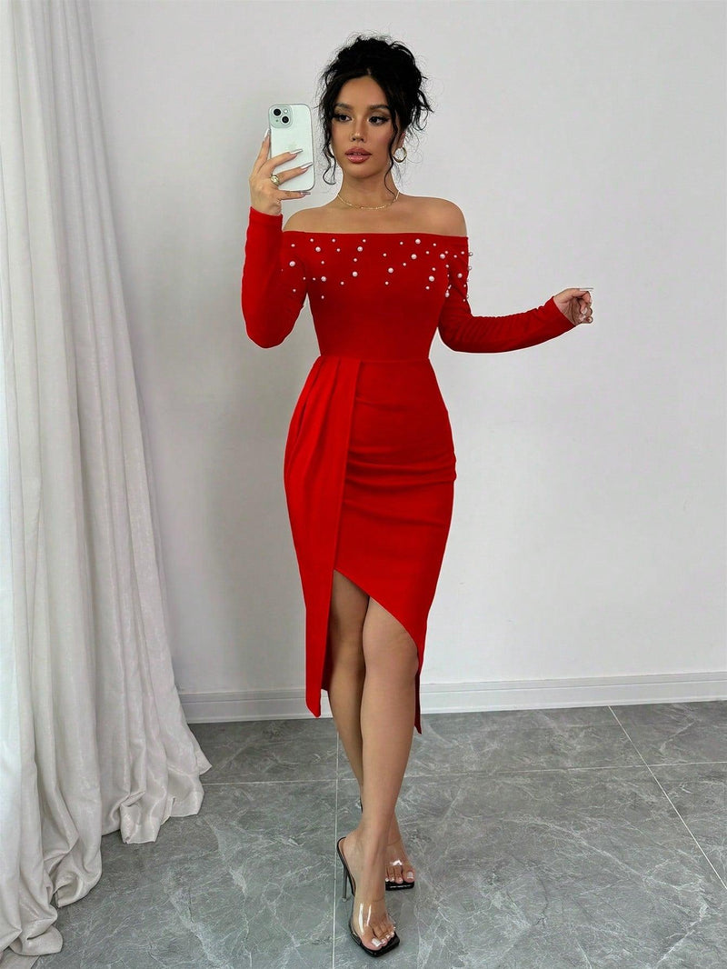 Trendy Tron Women's Open Shoulder Long Sleeve Ruched High Slit Pearl Design Bodycon Dress