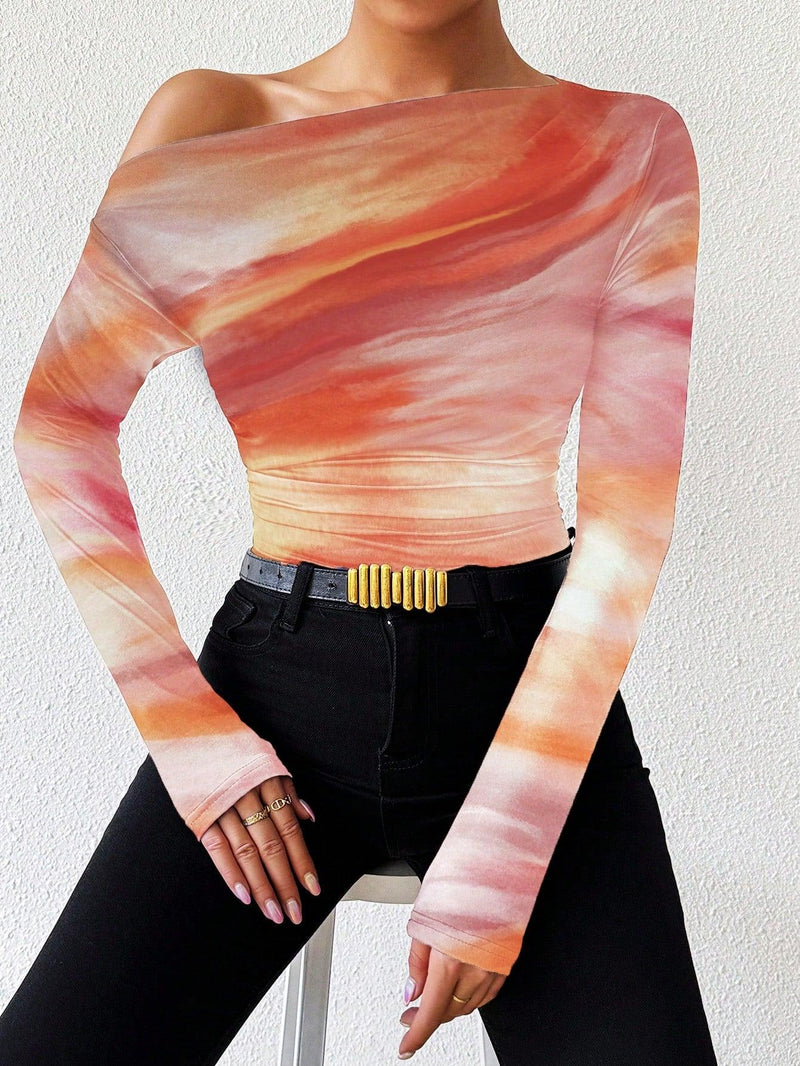 Trendy Tron Raffinéa Women’s Marble Gradient Print Asymmetrical Neck Long Sleeve T-Shirt with Pleats – Elegant and Stylish Casual Top