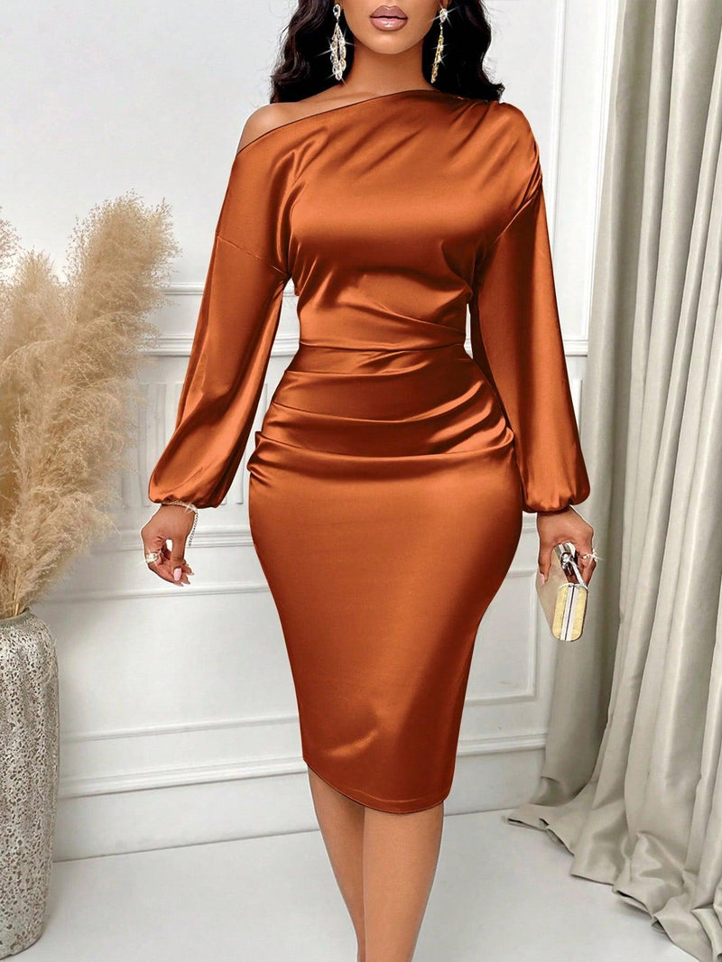 Trendy Tron Asymmetric Neckline  Ruched Side Satin Bodycon Dress