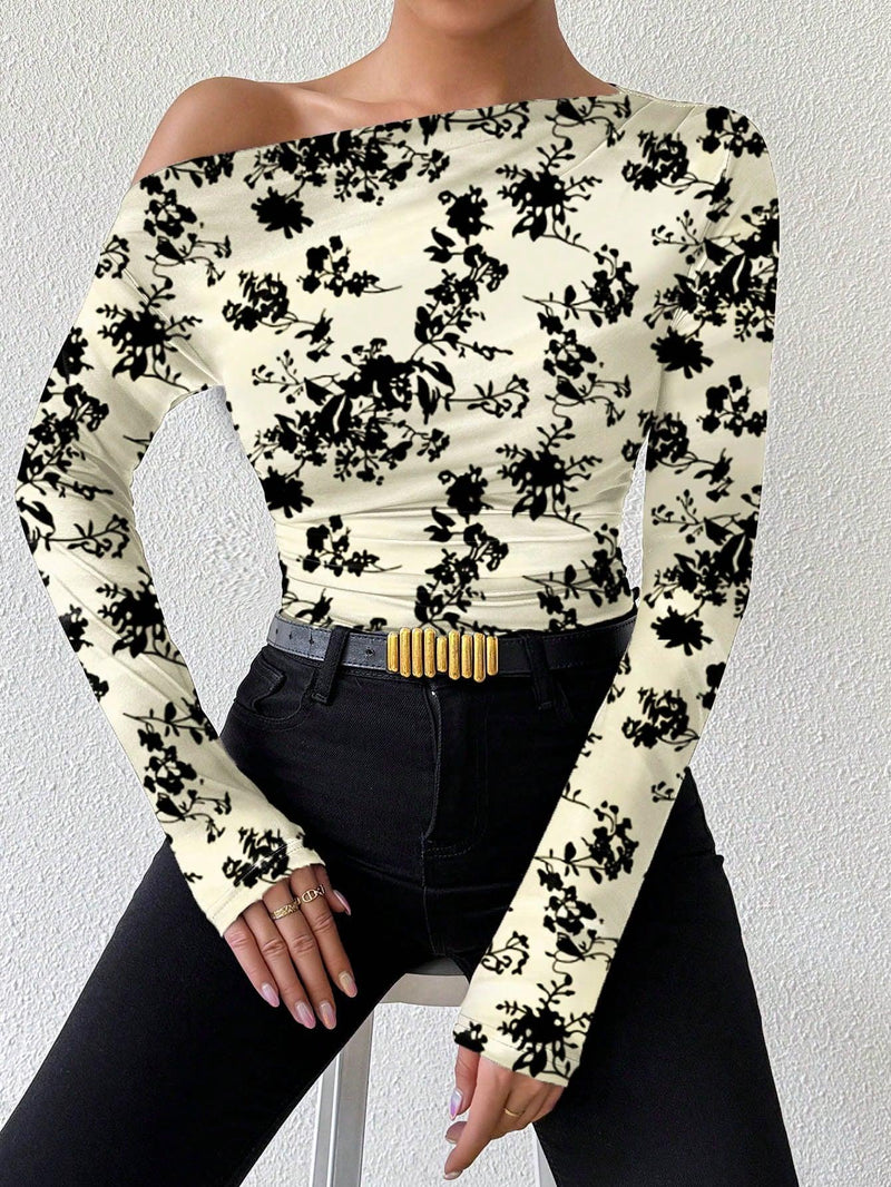 Trendy Tron Raffinéa Women’s Marble Gradient Print Asymmetrical Neck Long Sleeve T-Shirt with Pleats – Elegant and Stylish Casual Top