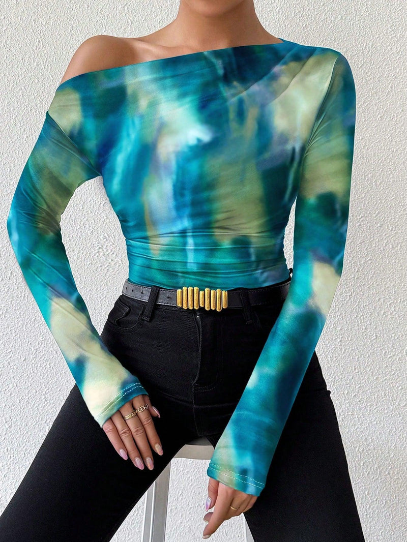 Trendy Tron Raffinéa Women’s Marble Gradient Print Asymmetrical Neck Long Sleeve T-Shirt with Pleats – Elegant and Stylish Casual Top
