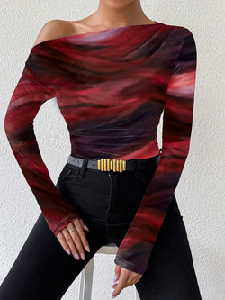 Trendy Tron Raffinéa Women’s Marble Gradient Print Asymmetrical Neck Long Sleeve T-Shirt with Pleats – Elegant and Stylish Casual Top