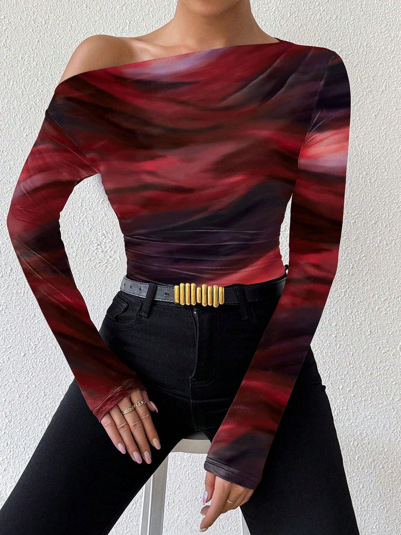 Trendy Tron Raffinéa Women’s Marble Gradient Print Asymmetrical Neck Long Sleeve T-Shirt with Pleats – Elegant and Stylish Casual Top
