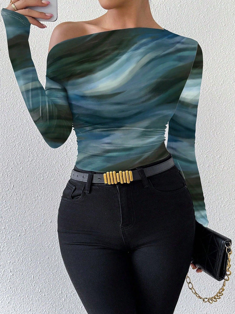 Trendy Tron Raffinéa Women’s Marble Gradient Print Asymmetrical Neck Long Sleeve T-Shirt with Pleats – Elegant and Stylish Casual Top