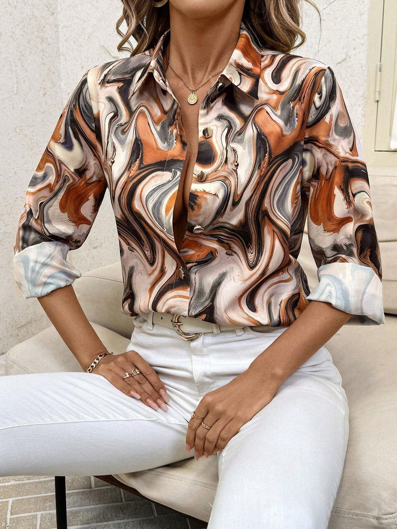 Trendy Tron Clasi Women’s Marble Print Button-Front Long Sleeve Shirt – Elegant and Stylish Top for Office, Casual, and Evening Wear