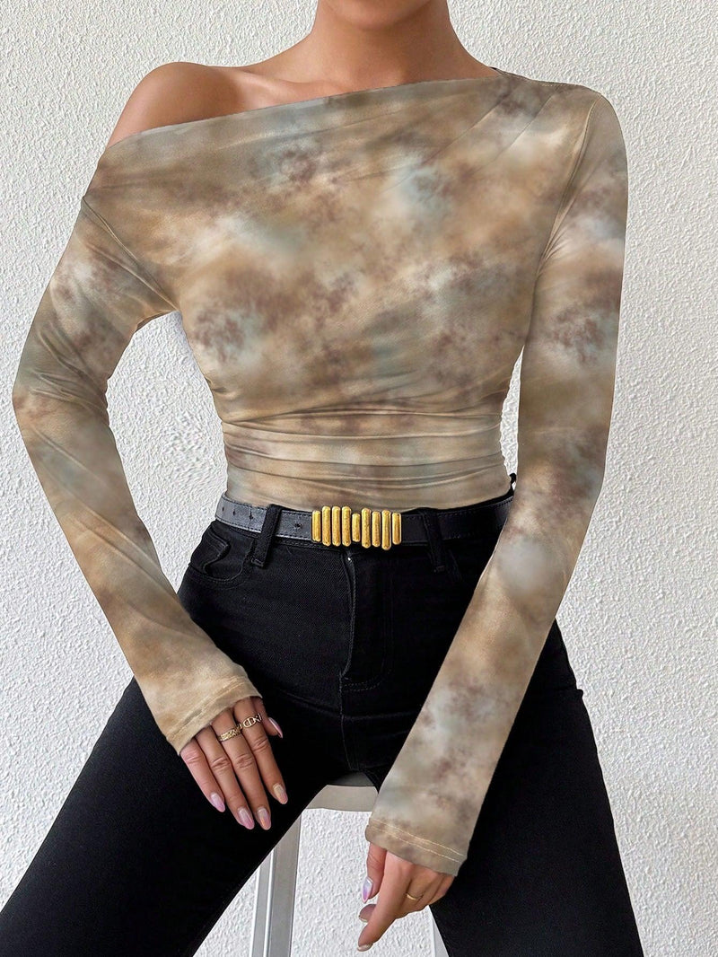 Trendy Tron Raffinéa Women’s Marble Gradient Print Asymmetrical Neck Long Sleeve T-Shirt with Pleats – Elegant and Stylish Casual Top