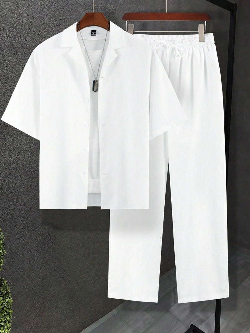 Trendy Tron Homme Loose-Fit Men’s Solid Color Turn-Down Collar Shirt and Pants Set – Comfortable and Stylish Casual Outfit