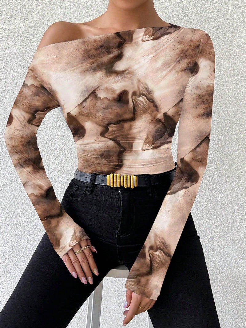 Trendy Tron Raffinéa Women’s Marble Gradient Print Asymmetrical Neck Long Sleeve T-Shirt with Pleats – Elegant and Stylish Casual Top