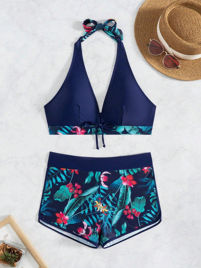 Trendy Tron Swim Summer Beach Tropical Print Halter Shorts Bikini Set