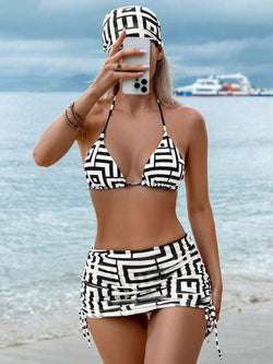 Trendy Tron Print Halter Triangle Bra & Swim Bottom & Cover Up Skirt & Headband Bikini Set, 4 Pieces Summer Beach Bathing Suits